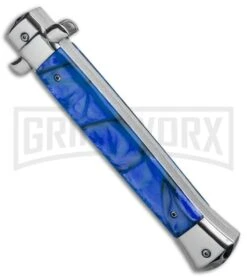 11" Mago Italian Stiletto OTF Automatic Knife Blue Acrylic Dagger -Grindworx 11in Italian Stiletto OTF Auto Blue Acrylic Dagger Satin GX 33858 jr side large