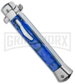 Grindworx -Grindworx 11in Italian Stiletto OTF Auto Blue Acrylic Dagger Satin GX 33858 jr spine large