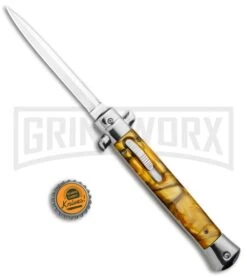 11" Italian Stiletto OTF Automatic Knife Yellow Acrylic Dagger (4.75" Satin) -Grindworx 11in Italian Stiletto OTF Auto Yellow Acrylic Dagger Satin GX 33859 jr bottlecap large