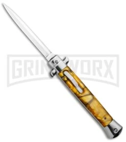Grindworx 22 11" Italian Stiletto OTF Automatic Knife Yellow Acrylic Dagger (4.75" Satin)