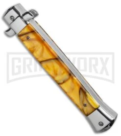 11" Italian Stiletto OTF Automatic Knife Yellow Acrylic Dagger (4.75" Satin) -Grindworx 11in Italian Stiletto OTF Auto Yellow Acrylic Dagger Satin GX 33859 jr side large