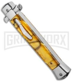 Grindworx -Grindworx 11in Italian Stiletto OTF Auto Yellow Acrylic Dagger Satin GX 33859 jr spine large