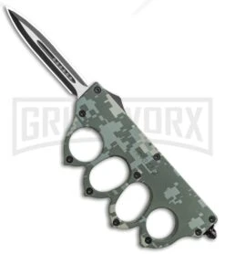 Grindworx 36 Atomic 1918 Green Digital Camo OTF Automatic Knuckle Knife - Dagger Two-Tone