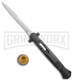 Mago 13" Black D/A OTF Automatic Knife Italian Stiletto - Satin Plain Bayo -Grindworx AKC 13in D Action Stiletto Black OTF Satin Bayo BHQ 149612 jr bottlecap large