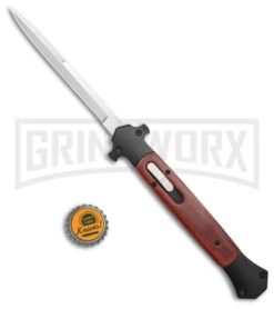 Mago 13" Black Wood DA OTF Automatic Italian Stiletto - Satin Plain Bayo -Grindworx AKC 13in D Action Stiletto Black Wood OTF Satin Bayo BHQ 150081 jr bottlecap large