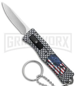 Grindworx 30 American Flag Mini Dog Tag Gray Carbon Fiber D/A OTF Auto Knife -Satin Plain