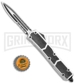 Atomic Slim Dagger OTF Automatic Knife Silver - Serr Two Tone Dagger -Grindworx Atomic Dagger Silver OTF Auto TT Serr GX 34398 jr bottlecap large