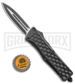 Atomic Defender Large OTF Automatic Knife Black Checkered - Two Tone Dagger -Grindworx Atomic Defender Large OTF Auto Black Checkered TT Dagger GX 38923 jr bottlecap large