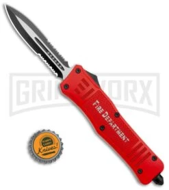 Atomic Defender Large OTF Automatic Knife Fire Dept. Red - Double Serr Two-tone -Grindworx Atomic Defender Large OTF Auto Fire Department Red Double Serr TT GX 37226 jr bottlecap large