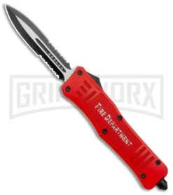 Atomic Defender Large OTF Automatic Knife Fire Dept. Red - Double Serr Two-tone