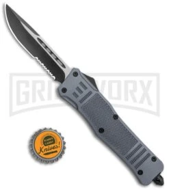 Atomic Defender Large OTF Automatic Knife Gray - Serr Two Tone Drop Point -Grindworx Atomic Defender Large OTF Auto Gray Serr TT DP GX 37241 jr bottlecap large