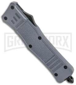 Atomic Defender Large OTF Automatic Knife Gray - Serr Two Tone Drop Point -Grindworx Atomic Defender Large OTF Auto Gray Serr TT DP GX 37241 jr spine large