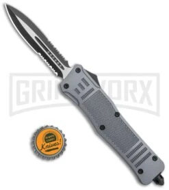 Atomic Defender Large OTF Automatic Knife Gray - Two Tone Serr Dagger -Grindworx Atomic Defender Large OTF Auto Gray TT Serr Dagger GX 37331 jr bottlecap large