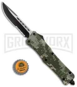 Atomic Defender Large OTF Automatic Green Digi Camo - Serr Two-Tone Drop Point -Grindworx Atomic Defender Large OTF Auto Green Digi Camo Serr TT DP GX 37228 jr bottlecap large