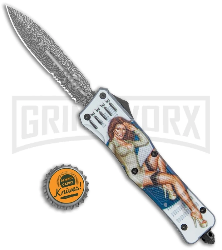 Atomic Defender Large OTF Automatic Knife Pin Up Gray - Serr Damascus Dagger 7 Atomic Defender Large OTF Automatic Knife Pin Up Gray - Serr Damascus Dagger - Image 5