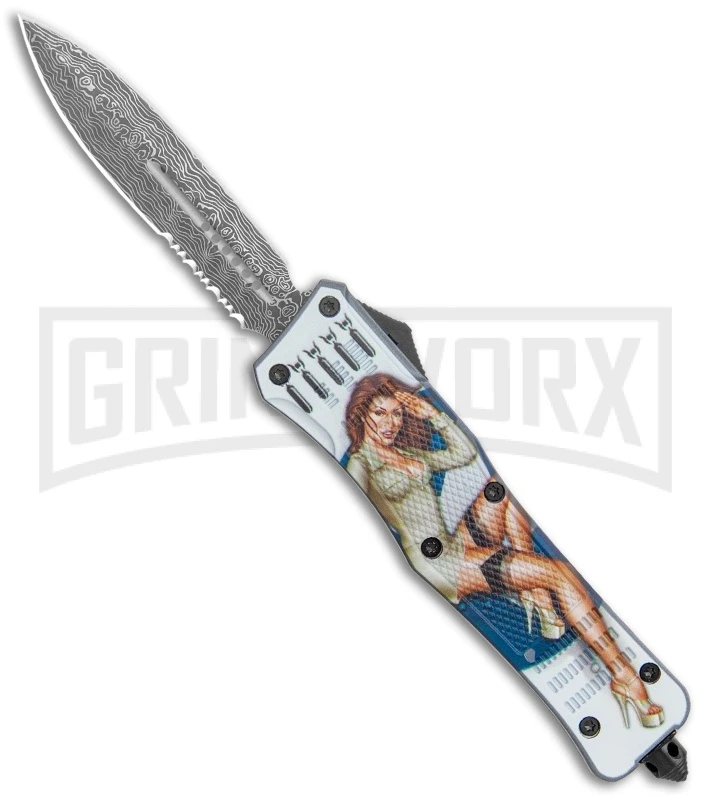 Atomic Defender Large OTF Automatic Knife Pin Up Gray - Serr Damascus Dagger 3 Atomic Defender Large OTF Automatic Knife Pin Up Gray - Serr Damascus Dagger