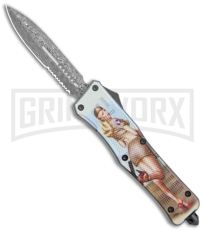 Atomic Defender Large OTF Automatic Knife Pin Up Tan - Serr Damascus Dagger 3 Atomic Defender Large OTF Automatic Knife Pin Up Tan - Serr Damascus Dagger