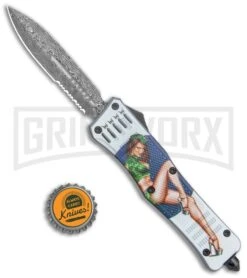 Atomic Defender Large OTF Automatic Knife Pin Up Green - Serr Damascus Dagger -Grindworx Atomic Defender Large OTF Auto Pin Up Tan Serr Damascus Dagger GX 37340 jr bottlecap large
