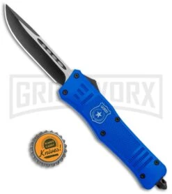 Atomic Defender Large OTF Automatic Knife Police Blue - Two Tone Drop Point -Grindworx Atomic Defender Large OTF Auto Police Blue TT DP GX 37244 jr bottlecap large
