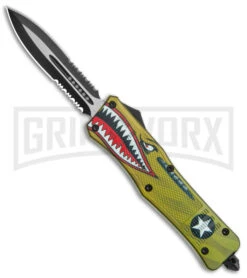 Large Atomic Defender OTF Yellow Warhawk Automatic Dagger Knife - Two Tone Serr
