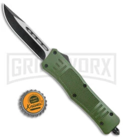 Atomic Defender Medium OTF Automatic Knife Dark Green - Two Tone Drop Point -Grindworx Atomic Defender Medium OTF Auto Dark Green TT DP GX 38389 jr bottlecap large