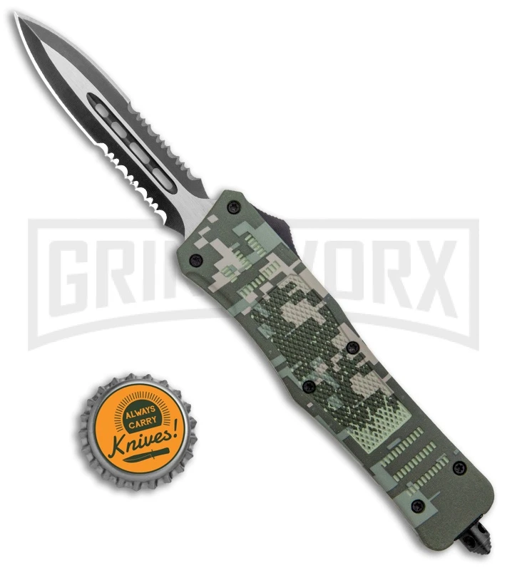 Atomic Defender Medium OTF Automatic Knife Green Camo - Dagger Two-Tone Serr 7 Atomic Defender Medium OTF Automatic Knife Green Camo - Dagger Two-Tone Serr - Image 5