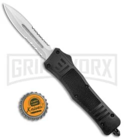 Atomic Defender Medium OTF Automatic Black Dagger Satin Serrated -Grindworx Atomic Defender Medium OTF Auto Double Serr Satin Dagger GX 37477 jr bottlecap large