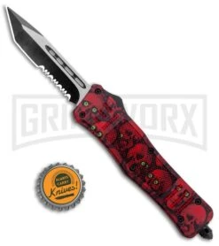 Atomic Defender Medium OTF Automatic Knife Red Skull - Serr Two Tone -Grindworx Atomic Defender Medium OTF Auto Red Skull TT Tanto Serr GX 37413 jr bottlecap large