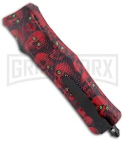 Atomic Defender Medium OTF Automatic Knife Red Skull - Serr Two Tone -Grindworx Atomic Defender Medium OTF Auto Red Skull TT Tanto Serr GX 37413 jr side large