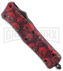 Atomic Defender Medium OTF Automatic Knife Red Skull - Serr Two Tone -Grindworx Atomic Defender Medium OTF Auto Red Skull TT Tanto Serr GX 37413 jr spine large