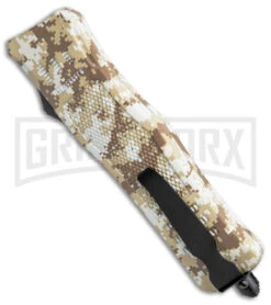 Atomic Defender Medium Tan Digi Camo OTF Automatic Knife - Two Tone Plain -Grindworx Atomic Defender Medium OTF Auto Tan Digi Camo Plain TT GX 38997 jr side large