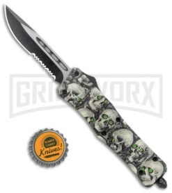 Atomic Defender Medium OTF Skull Drop Point Knife - (3.25" Satin) -Grindworx Atomic Defender Medium OTF Auto White Skull TT DP Serr GX 37526 jr bottlecap large