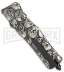 Atomic Defender Medium OTF Skull Drop Point Knife - (3.25" Satin) -Grindworx Atomic Defender Medium OTF Auto White Skull TT DP Serr GX 37526 jr side large