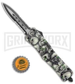 Atomic Defender Medium OTF Automatic White/Green Skull Dagger (3.25" Satin Serr) -Grindworx Atomic Defender Medium OTF Auto White Skull TT Dagger Serr GX 37538 jr bottlecap large