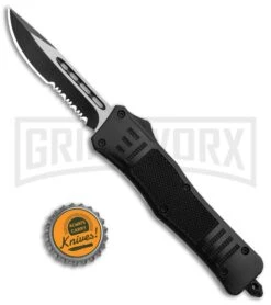 Atomic Defender Medium OTF Automatic Knife Black - Serr Two Tone Drop Point -Grindworx Atomic Defender Medium OTF Auto black Serr TT DP GX 37218 jr bottlecap large