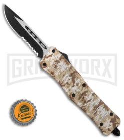 Atomic Defender Medium Tan Digi Camo OTF Automatic Knife - Two Tone Serr -Grindworx Atomic Defender Medium Tan Digi Camo OTF AK Two Tone Serr GX 39313 td size large