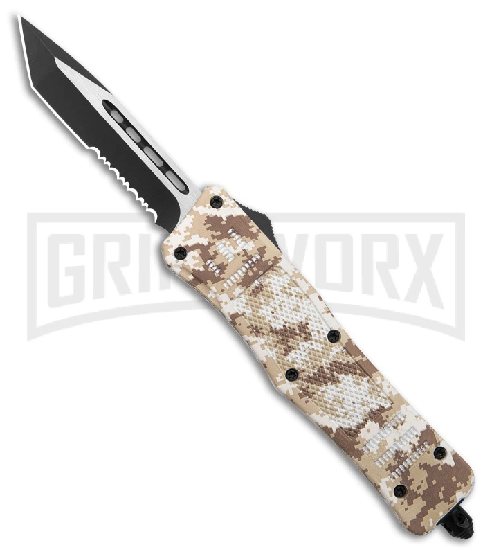 Atomic Defender Medium Tan Digi Camo OTF Automatic Knife - Two Tone Tanto Serr 3 Atomic Defender Medium Tan Digi Camo OTF Automatic Knife - Two Tone Tanto Serr