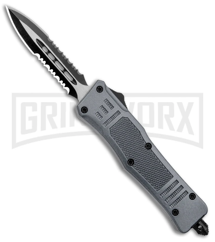 Atomic Defender Mini OTF Automatic Knife Gray - Serrated Two Tone Dagger 3 Atomic Defender Mini OTF Automatic Knife Gray - Serrated Two Tone Dagger