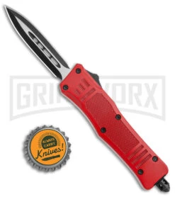 Atomic Defender Mini Red OTF Automatic Dagger Knife - Two Tone Plain -Grindworx Atomic Defender Mini OTF Auto Red TT Dagger BHQ 141076 jr bottlecap 2 large