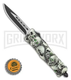 Atomic Defender Mini OTF Automatic Knife Green Skull - Two Tone Drop Point -Grindworx Atomic Defender Mini OTF Automatic Knife White Skull Two Tone Drop Point GX 36507 LS Bottlecap large