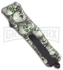 Atomic Defender Mini OTF Automatic Knife Green Skull - Two Tone Drop Point -Grindworx Atomic Defender Mini OTF Automatic Knife White Skull Two Tone Drop Point GX 36507 LS Side large