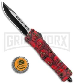 Atomic Defender Medium OTF Automatic Knife Red Skull - Two Tone Drop Point -Grindworx Atomic Defender OTF Auto Red Skull TT DP GX 36566 jr bottlecap large