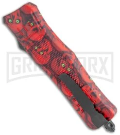 Atomic Defender Medium OTF Automatic Knife Red Skull - Two Tone Drop Point -Grindworx Atomic Defender OTF Auto Red Skull TT DP GX 36566 jr side large