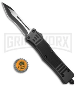 Atomic Defender Large OTF Automatic Knife Black W/Fuller - Two Tone Recurve -Grindworx Atomic Defender OTF Recurve Tanto Black with Fuller TT 6PA21 55A BP 19786 jr bottlecap large