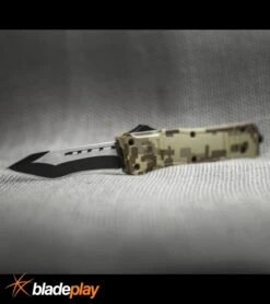 Atomic Defender Large OTF Automatic Knife Tan Digi Camo - Two Tone Recurve Tanto -Grindworx Atomic Defender Recurve Tanto Tan Camo OTF TT 6PA20 55CA BP 19789 jr lifestyle large