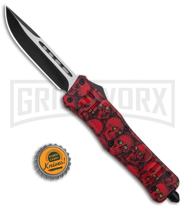 Atomic Defender Large OTF Automatic Knife Red Skull - Two Tone Drop Point 7 Atomic Defender Large OTF Automatic Knife Red Skull - Two Tone Drop Point - Image 5