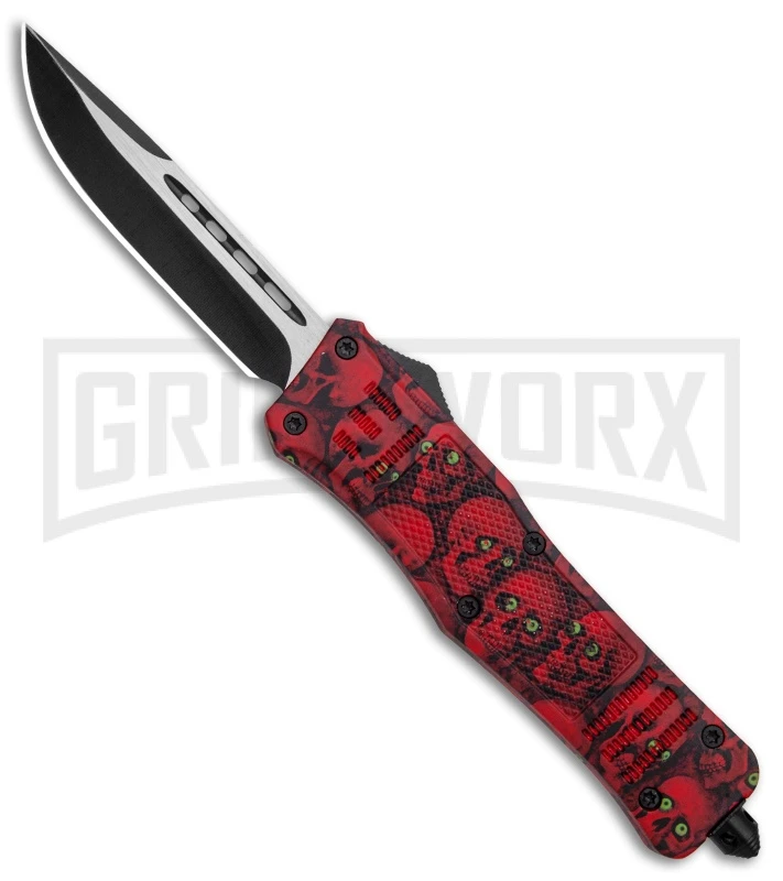 Atomic Defender Large OTF Automatic Knife Red Skull - Two Tone Drop Point 3 Atomic Defender Large OTF Automatic Knife Red Skull - Two Tone Drop Point