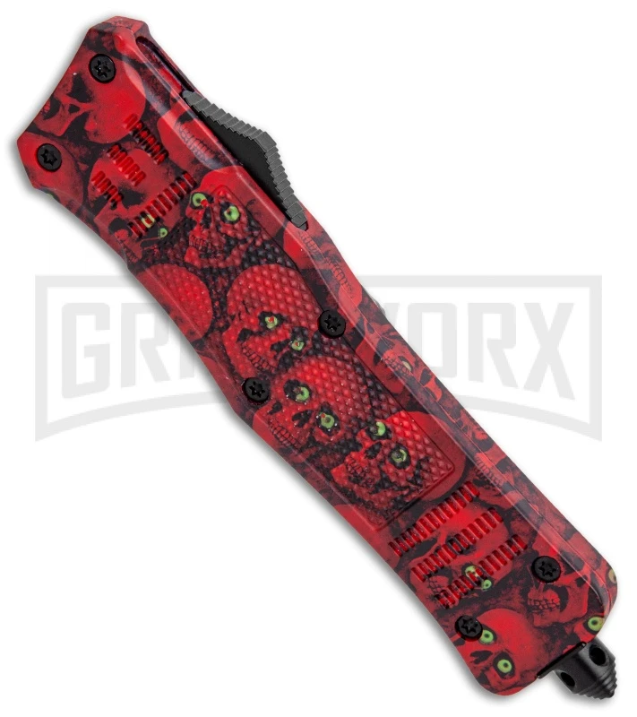 Atomic Defender Large OTF Automatic Knife Red Skull - Two Tone Drop Point 4 Atomic Defender Large OTF Automatic Knife Red Skull - Two Tone Drop Point - Image 2