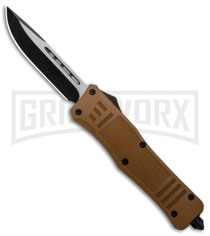 Atomic Defender Large OTF Automatic Knife Sand Brown - Two Tone Drop Point 3 Atomic Defender Large OTF Automatic Knife Sand Brown - Two Tone Drop Point