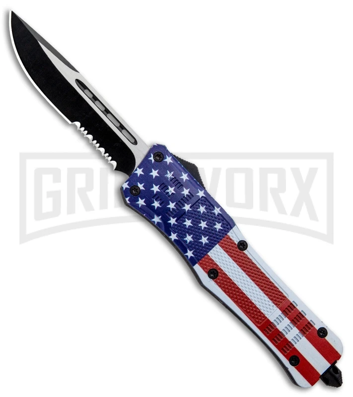 Atomic Defender Large OTF Automatic Knife Stars & Stripes Flag - Serr Two Tone 3 Atomic Defender Large OTF Automatic Knife Stars & Stripes Flag - Serr Two Tone